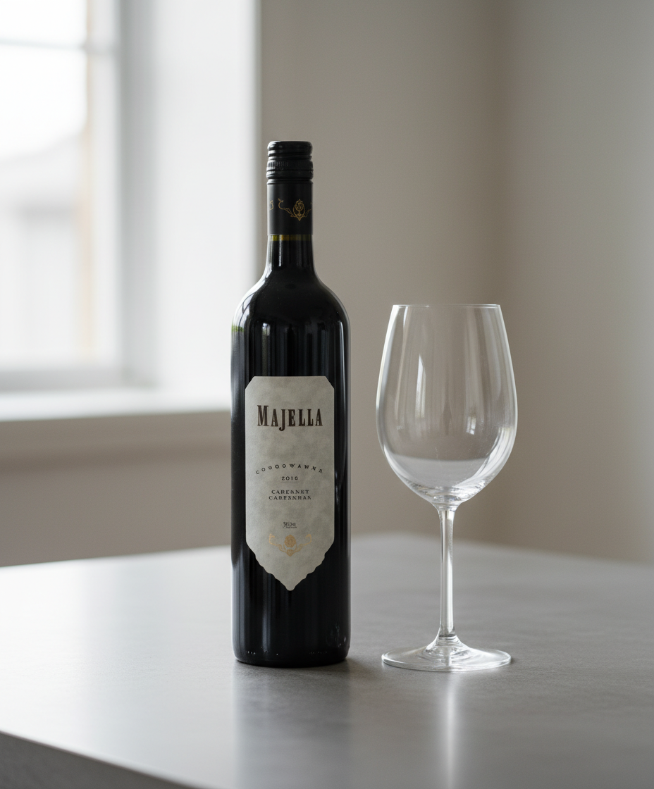 Majella Coonawarra Cabernet Sauvignon 2020 bottle and empty wine glass in portrait, gallery position 4