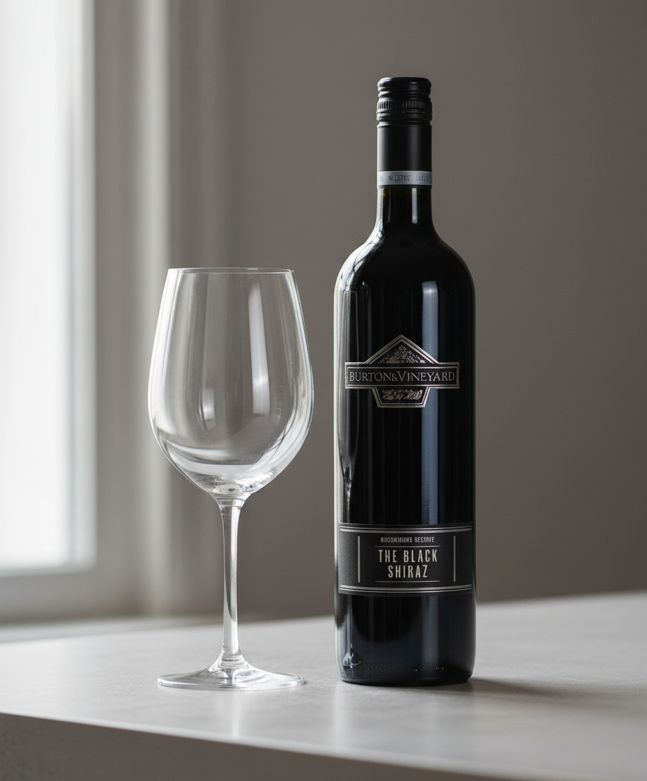 Berton Winemakers Reserve Shiraz 2023 bottle with empty wine glass in portrait orientation, gallery 4