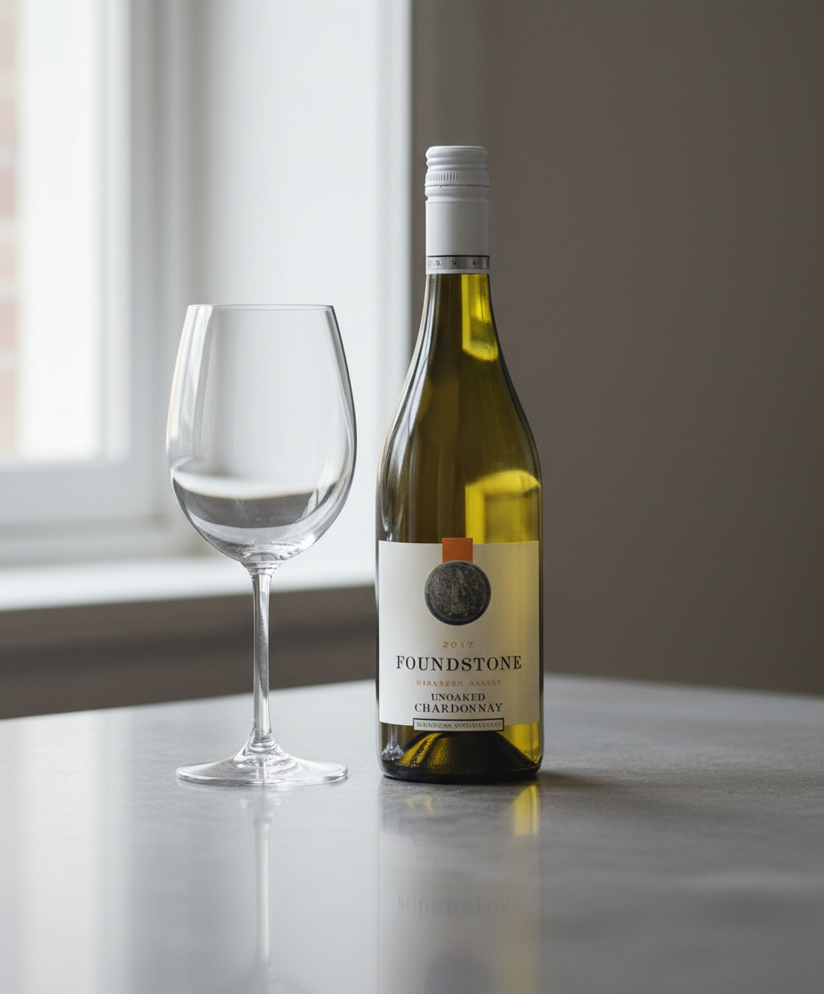 Berton Foundstone Chardonnay 2024 bottle beside an empty wine glass on a light table surface.