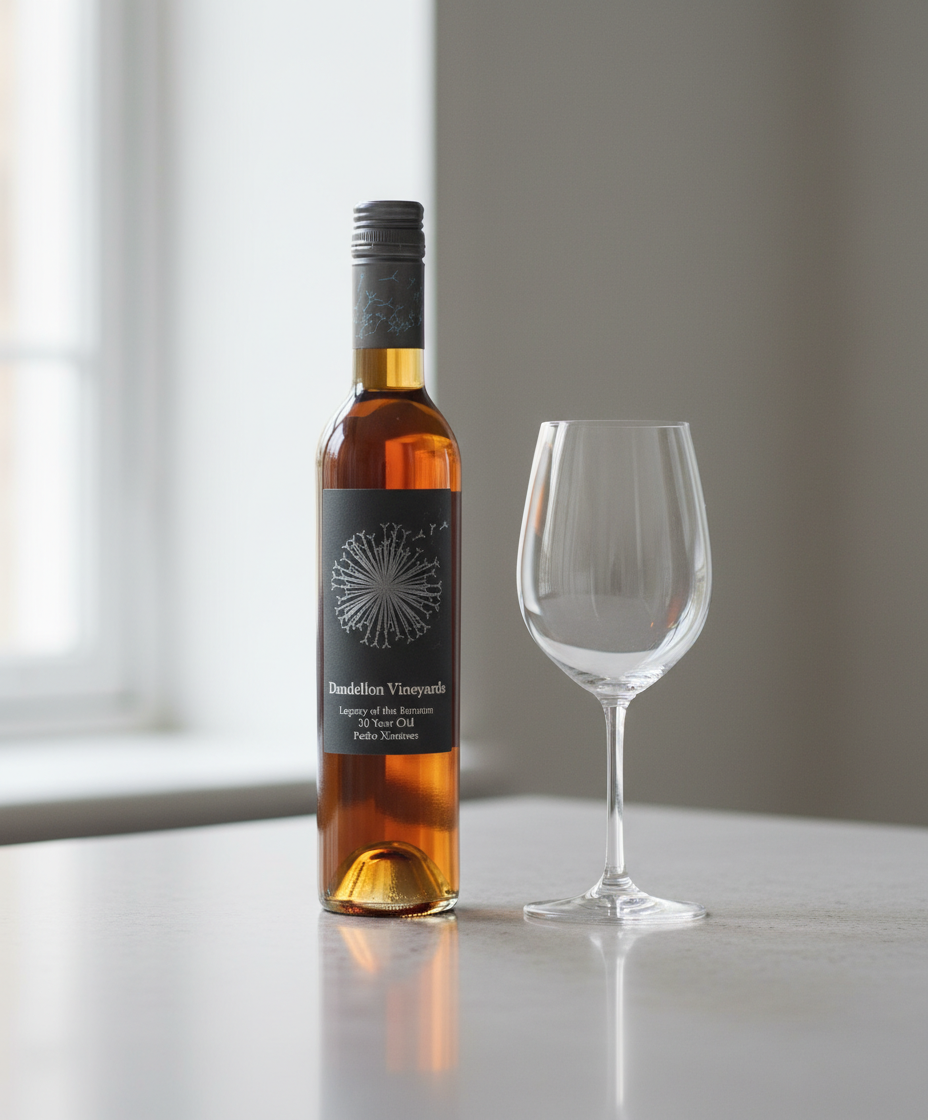 Dandelion Vineyards Legacy of the Australia 30 YO Pedro Ximenez bottle next to empty wine glass portrait 928x1120