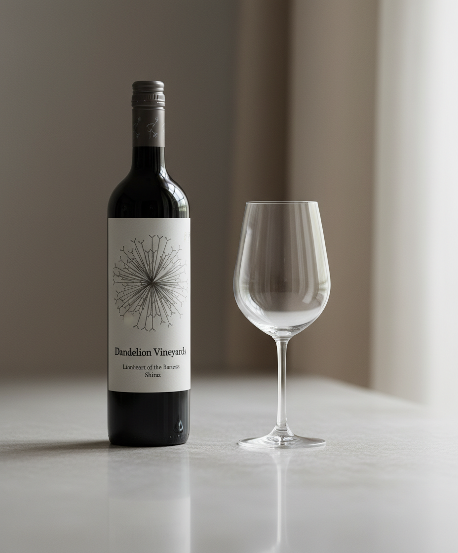Bottle of Dandelion Vineyards Lionheart of the Barossa Shiraz 2023 next to an empty wine glass on a table