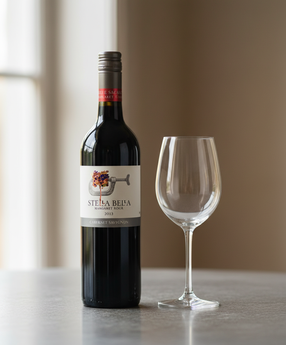 Stella Bella Cabernet Sauvignon 2021 bottle with empty wine glass in portrait gallery position 4, 928x1120
