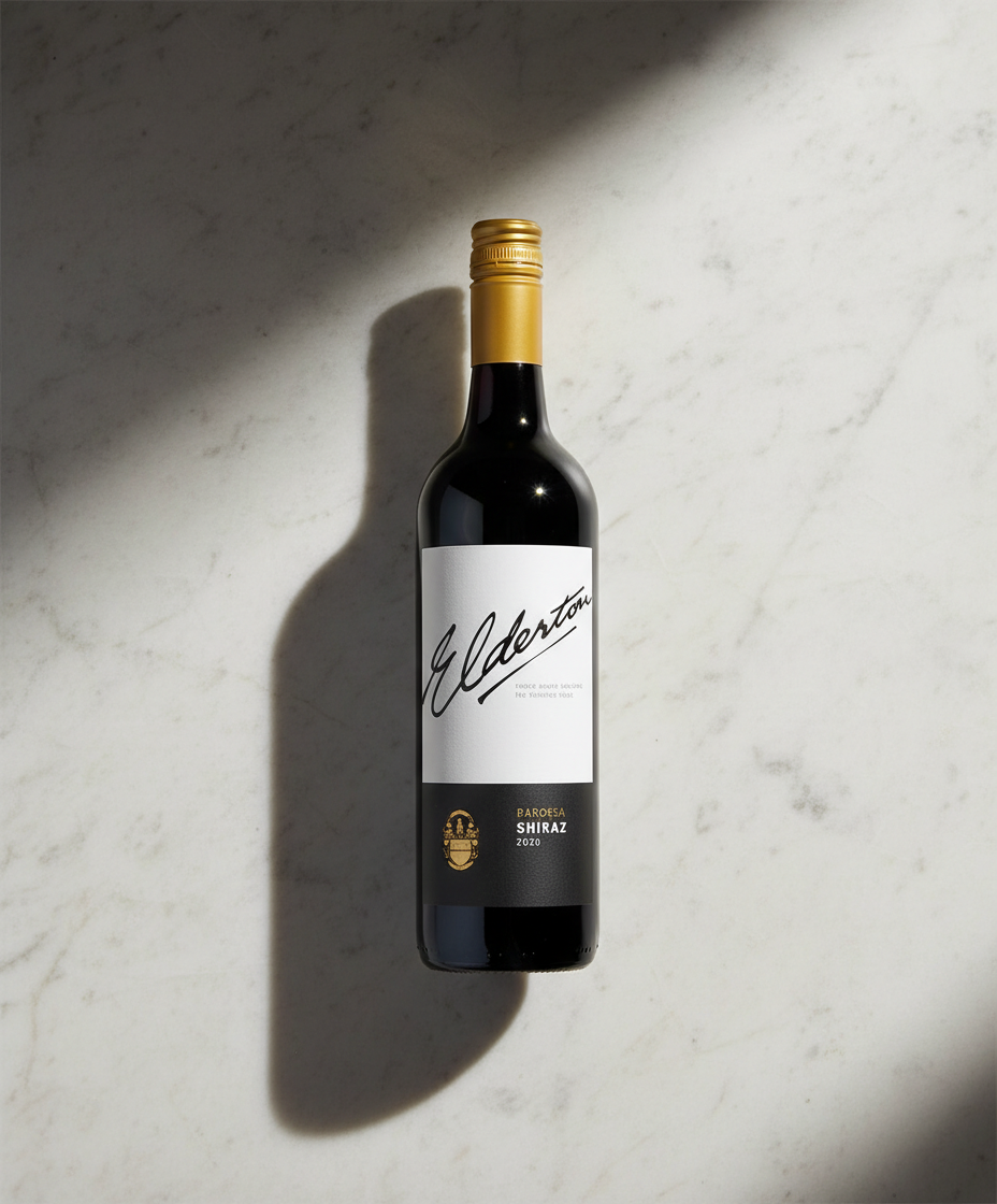 Elderton Estate Barossa Shiraz 2022 bottle portrait view with gold cap on marble background