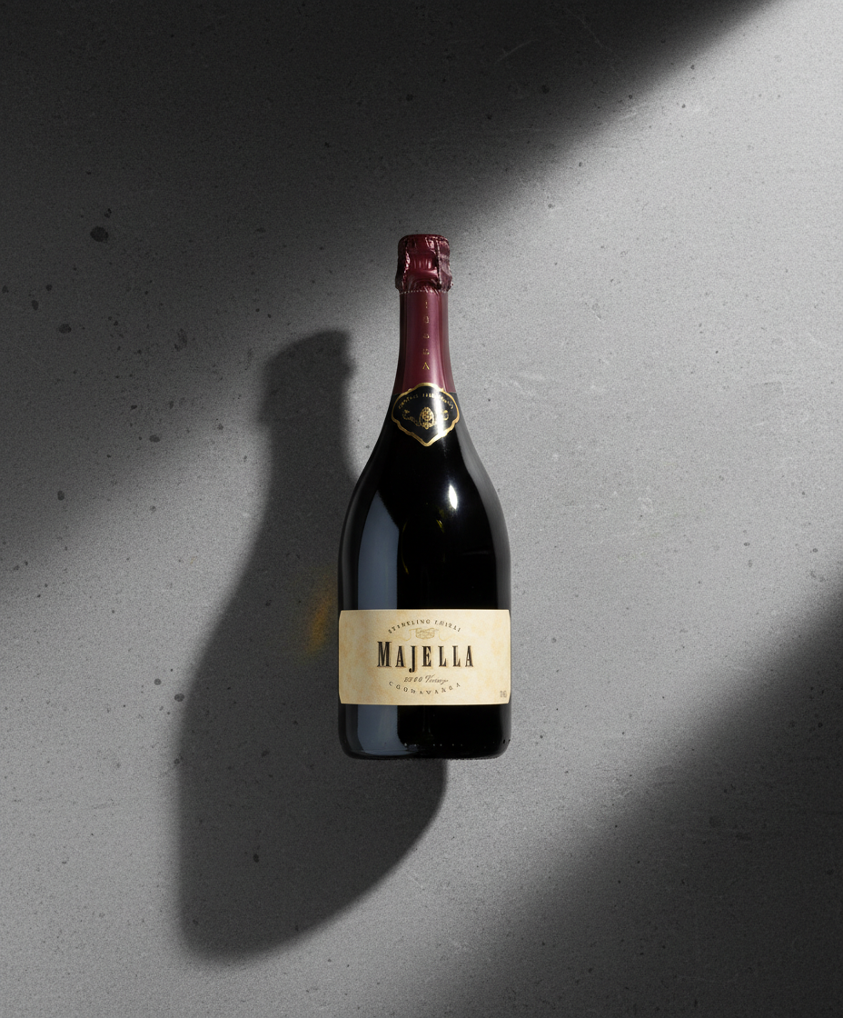 Majella Sparkling Shiraz 2023 bottle in portrait with shadow on concrete background, gallery position 5