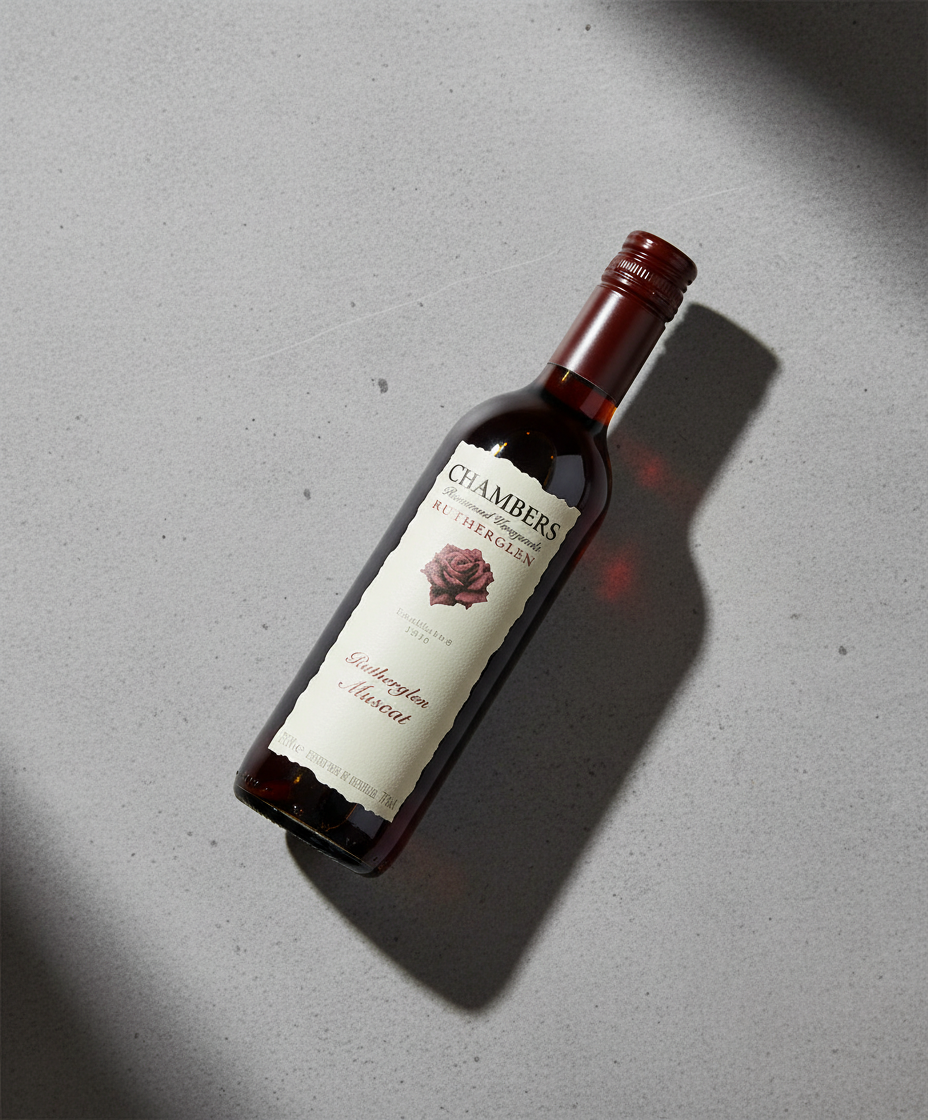 Chambers Rosewood Rutherglen Muscat NV 37.5cl bottle lying on gray surface gallery position 5 portrait