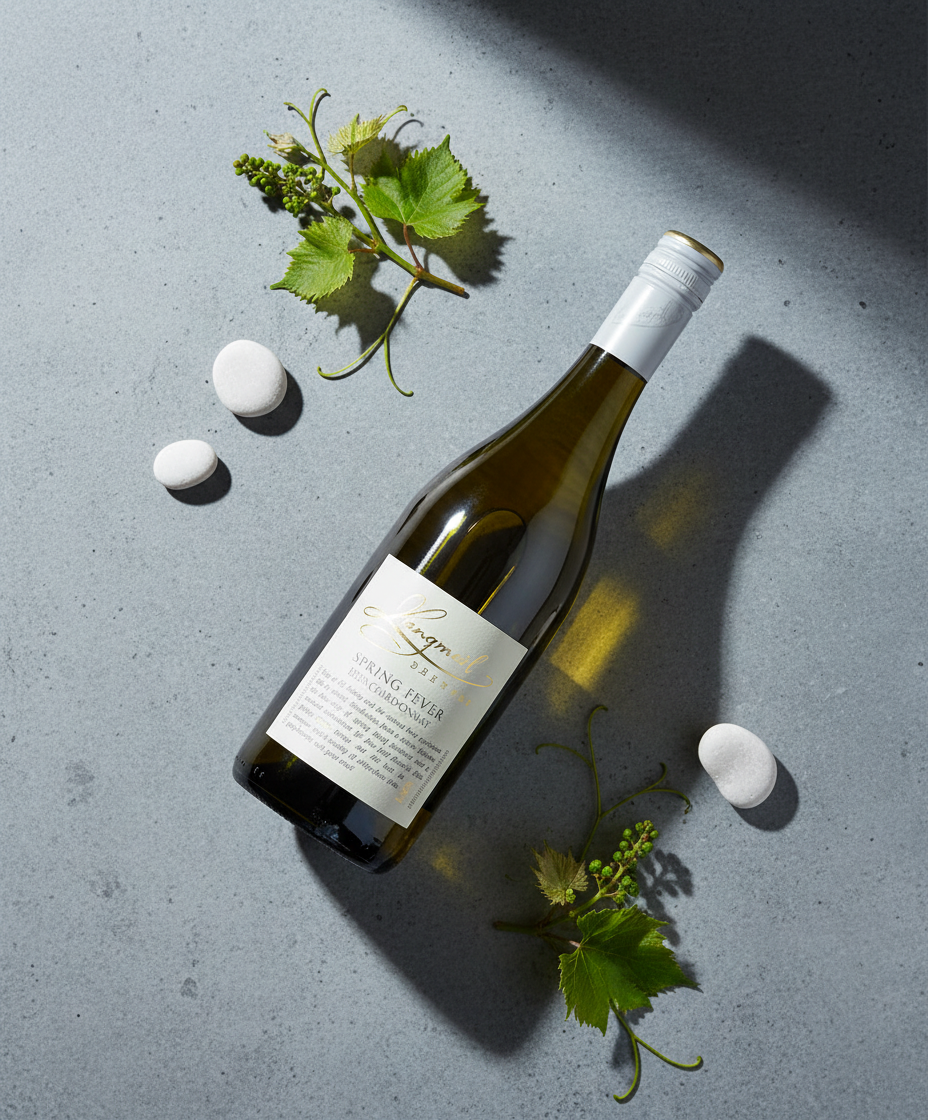 Langmeil Spring Fever Chardonnay 2023 bottle with grapevine leaves and stones, gallery position 5 portrait