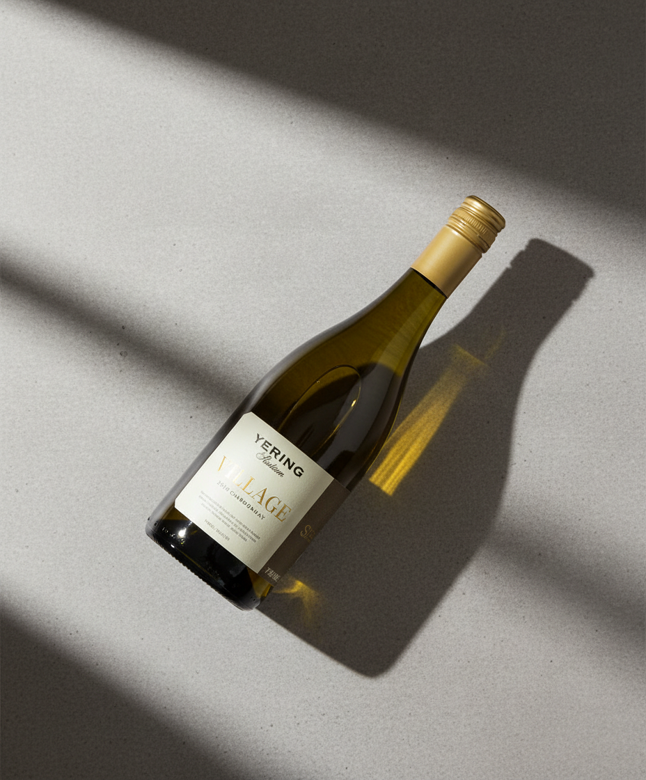 Yering Station Village Chardonnay 2023 white wine bottle in portrait orientation with shadow, gallery 5