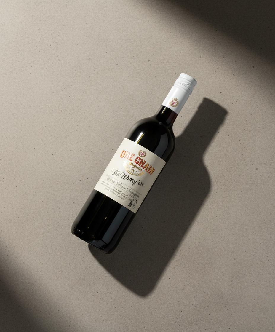 One Chain The Wrong Un Shiraz Cabernet 2024 bottle in portrait, gallery position 5, red wine bottle on gray background