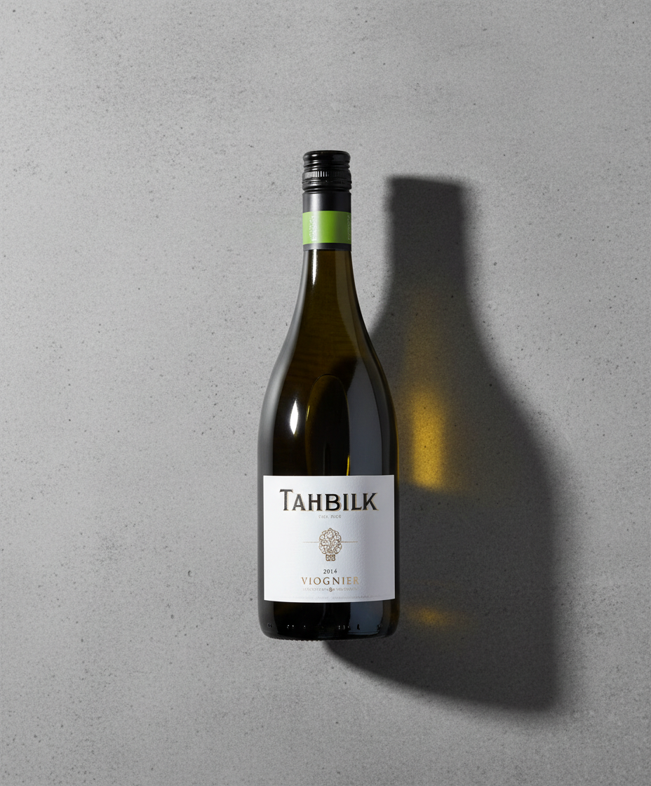 Tahbilk Viognier 2024 white wine bottle portrait, gallery position 5, with distinct shadow on grey surface