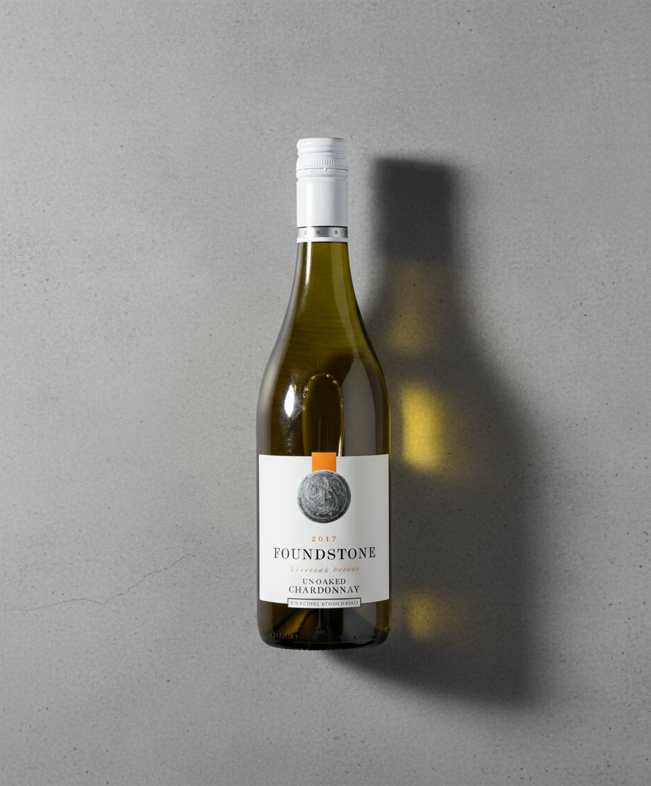 Bottle of Berton Foundstone Chardonnay 2024 white wine with a white screw cap on grey surface