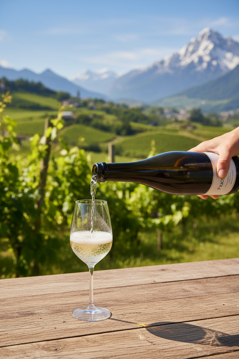 From Friuli to the Alps - Crisp Whites & Refined Reds bottle pouring white wine with alpine vineyard background