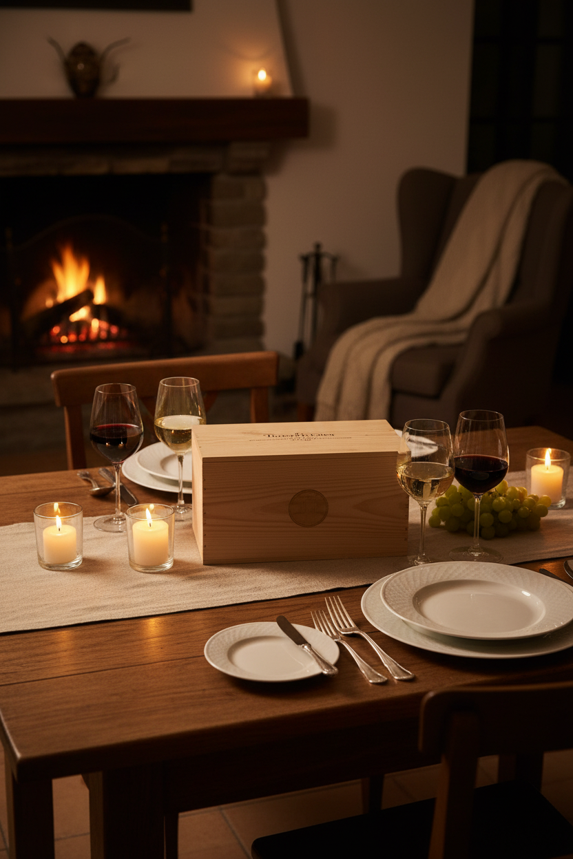 From Friuli to the Alps - Crisp Whites & Refined Reds wine set with glasses and candles by a cozy fireplace