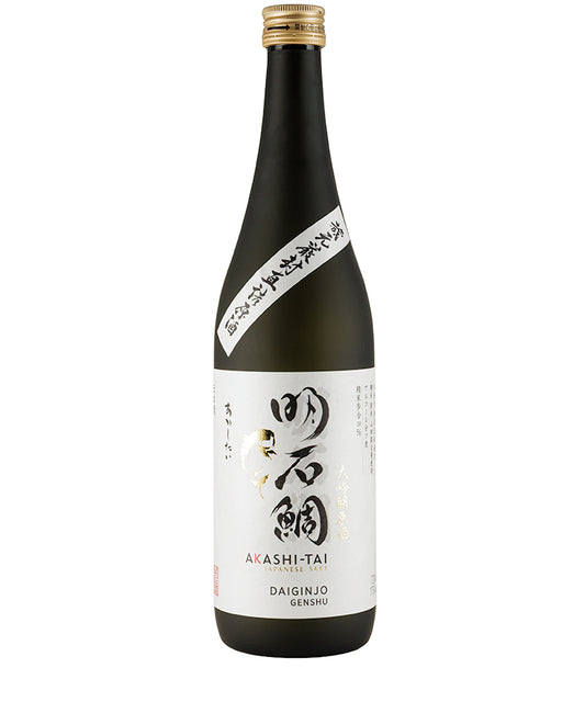 Bottle of Akashi-Tai Daiginjo Genshu Sake 72cl with white label and Japanese calligraphy text