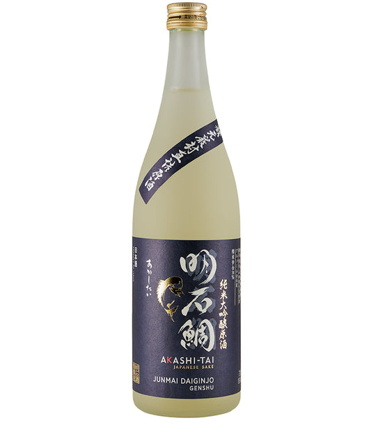 Bottle of Akashi-Tai Junmai Daiginjo Genshu Sake 72cl with dark blue label and gold lettering