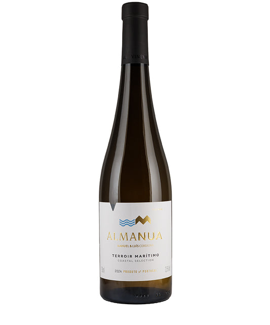 Almanua Vinho Verde Terroir Maritimo Vine Vinu 2024 white wine bottle with coastal inspired label from Portugal
