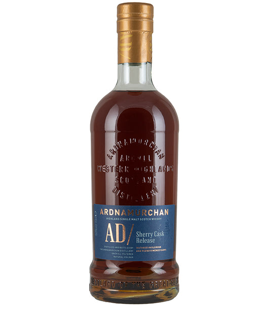 Bottle of Ardnamurchan AD Sherry Cask Release 2024 single malt Scotch whisky with dark amber liquid