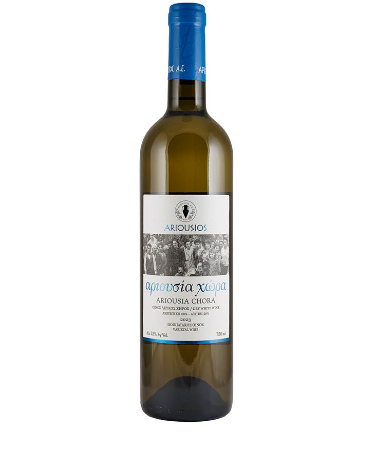 Bottle of Ariousios Chora White 2023 dry white wine with blue foil top and detailed label design
