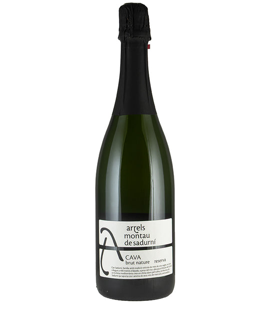 Bottle of Arrels Montau de Sadurni Brut Nature Reserva NV cava wine with black foil on white background