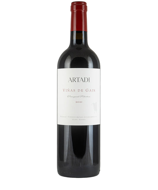 Artadi Vinas de Gain Tinto 2021 bottle with elegant label, organic fine red wine from Spain's Basque Country.