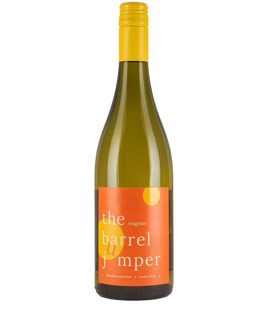 The Barrel Jumper Viognier 2022 bottle with bright orange label and yellow cap, fine white wine from South Africa