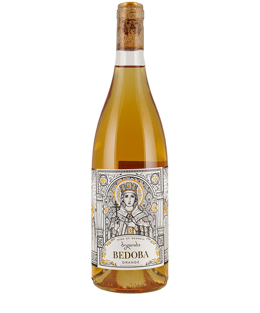Bottle of Bedoba Orange Wine 2022 displaying a detailed label with an artistic portrait design.
