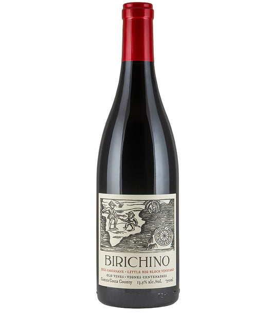Bottle of Birichino Little Big Block Vineyard Old Vines Carignane 2022 red wine with detailed label and red cap