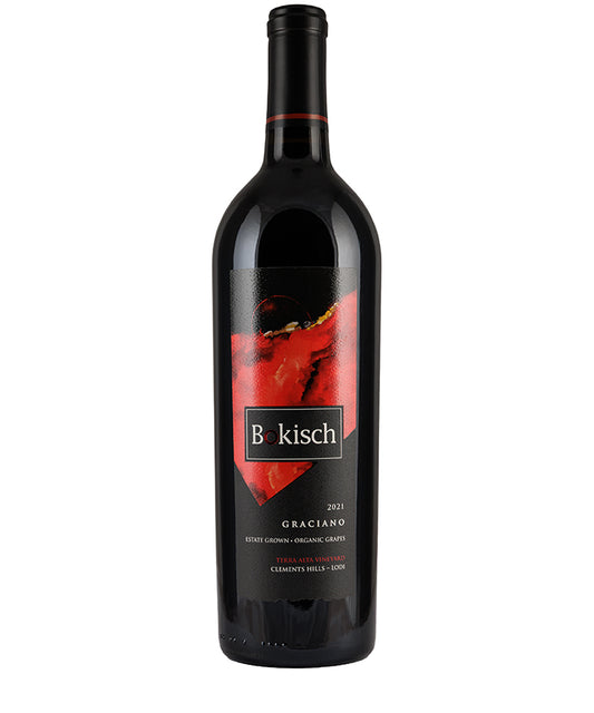 Bokisch Graciano 2021 bottle of organic red wine with bold label featuring red artistic design from California