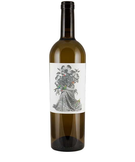Bottle of Botanica Flower Girl Albarino 2025 white wine with artistic floral label design