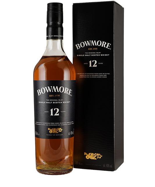 Bottle and box of Bowmore 12 Year Old Single Malt whisky with black label and amber liquid inside