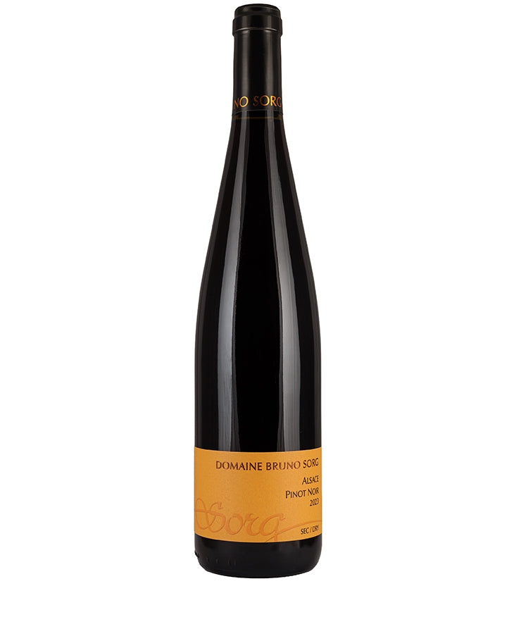 Domaine Bruno Sorg Pinot Noir 2023 bottle with elegant orange label featuring fine Alsace red wine from France