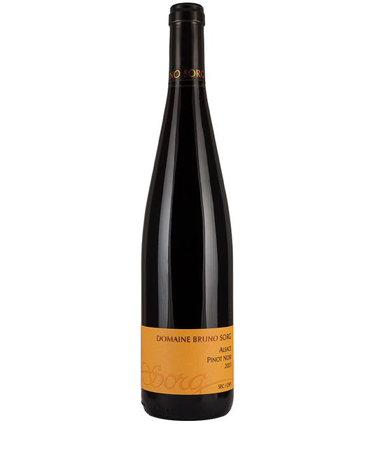Domaine Bruno Sorg Pinot Noir 2023 bottle with elegant orange label featuring fine Alsace red wine from France