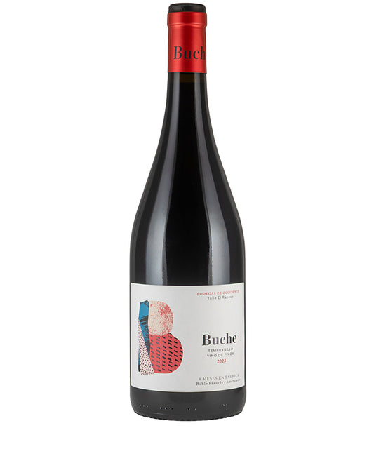 Bottle of Bodegas de Occidente Valle El Rapaso Buche Tempranillo 2023 fine wine with red cap and modern label design
