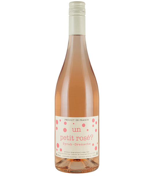 Un Petit Syrah Grenache Rose VdP du Gard 2025 bottle showing pale pink rosé wine with simple label