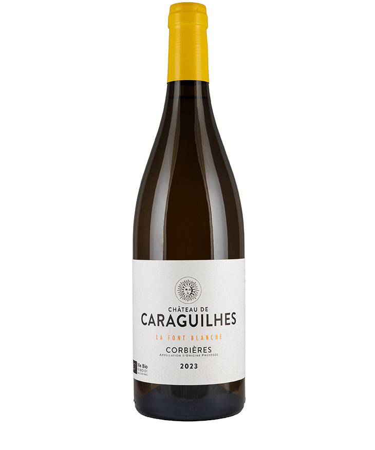 Chateau de Caraguilhes La Font Blanche Corbieres 2023 bottle with fresh elegant white blend from France