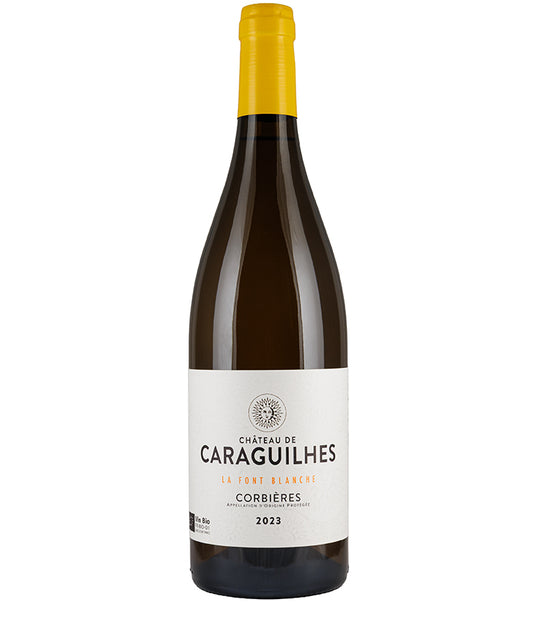 Chateau de Caraguilhes La Font Blanche Corbieres 2023 bottle with fresh elegant white blend from France