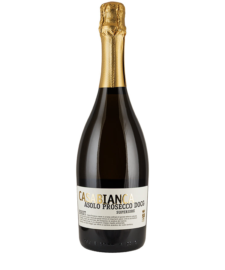 Casa Bianca Asolo Prosecco Superiore DOCG Brut NV sparkling Italian wine bottle with gold foil top