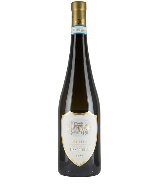Casa D'Ambra Ischia Biancolella 2022 white wine bottle from Italy with elegant gold and white label