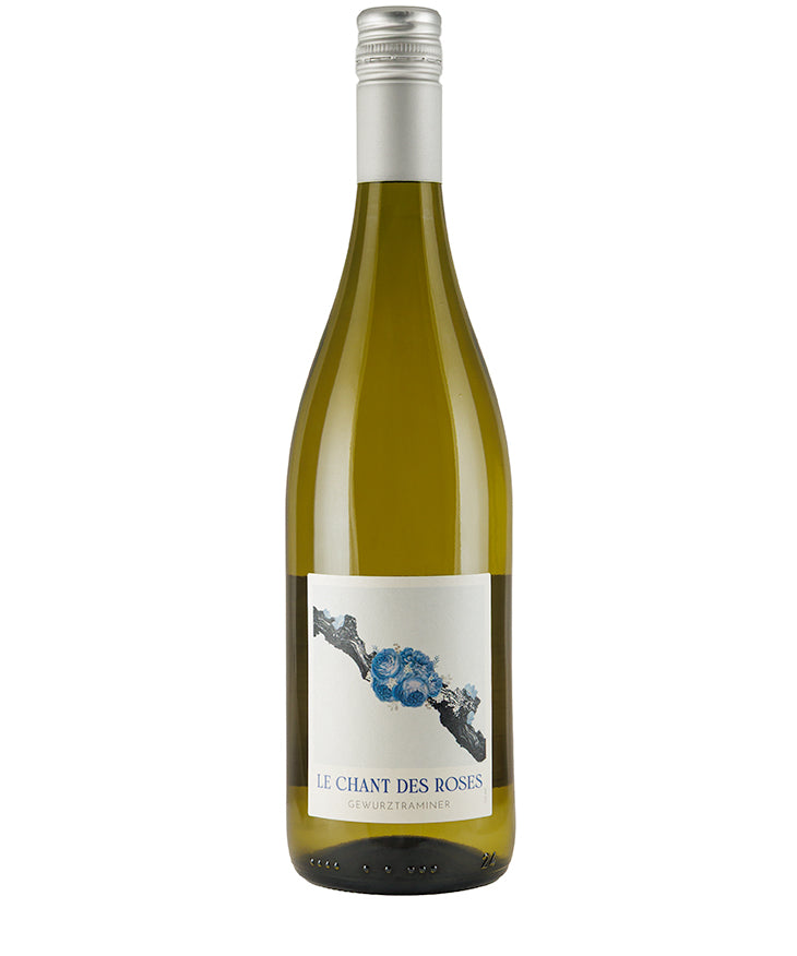 Le Chant des Roses Gewürztraminer 2025 white wine bottle with floral design label and silver cap