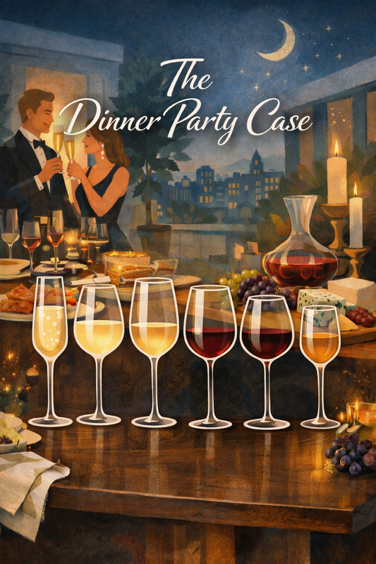 The Dinner Party Case in portrait showing six wine glasses from sparkling to red wine at a dinner setting