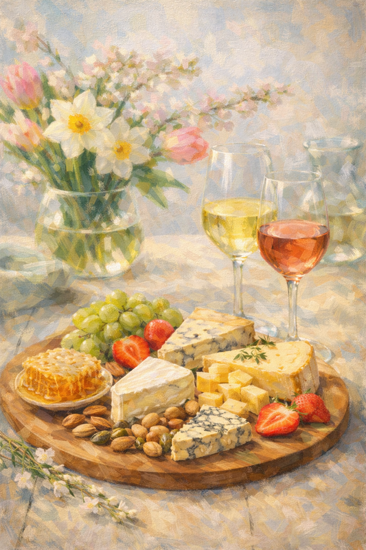 24.04.2026: "Say Cheese, Spring’s Here" Cheese & Wine Tasting with assorted cheeses and white and rosé wine in portrait view