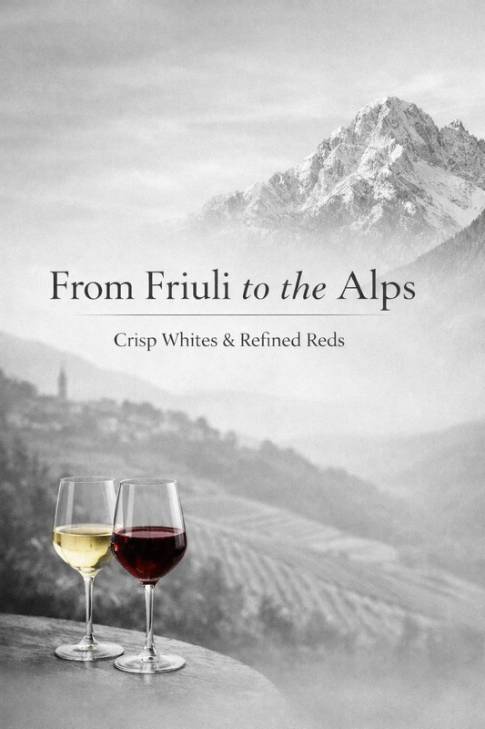 From Friuli to the Alps - Crisp Whites & Refined Reds with white and red wine glasses by mountainscape