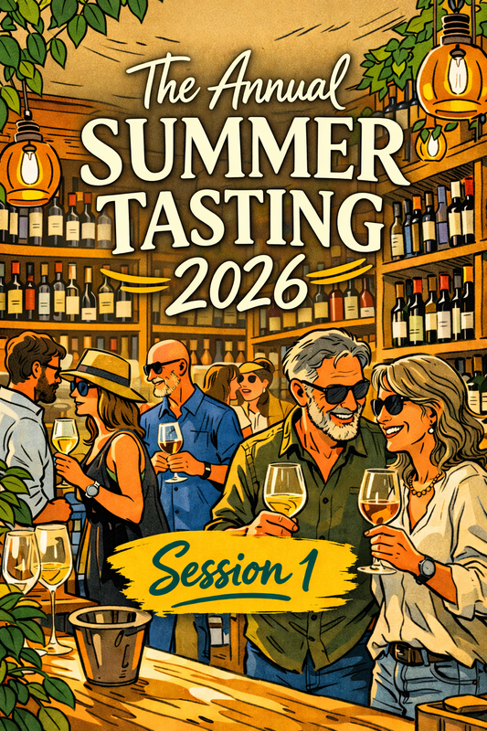 26.06.2026: The Annual Summer Tasting 2026 (Session #1) poster showing people enjoying wine tasting event