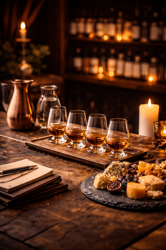 08.05.2026: "An Evening with Douglas Laing" Whisky Tasting with glasses and snacks on wooden table