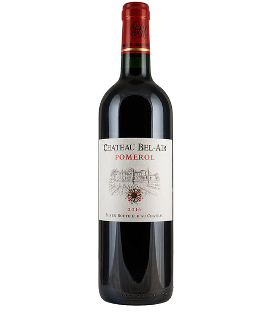 Chateau Bel-Air Pomerol 2016 bottle of fine French red wine made from 100% Merlot with classic label design