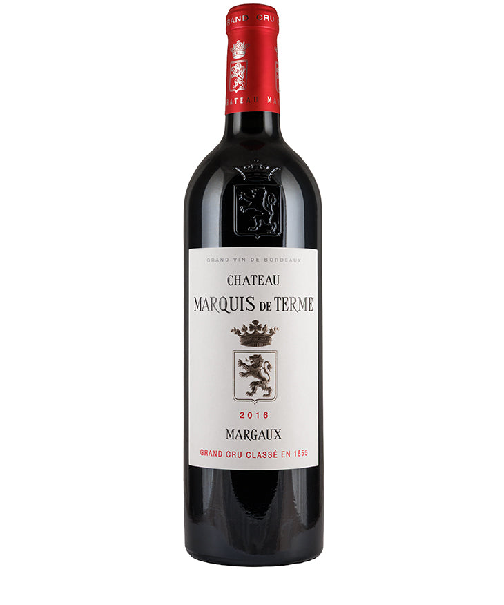 Chateau Marquis de Terme Margaux 2016 bottle of fine red wine from Bordeaux with classic label and red capsule