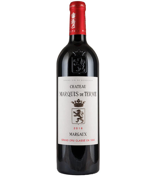 Chateau Marquis de Terme Margaux 2016 bottle of fine red wine from Bordeaux with classic label and red capsule