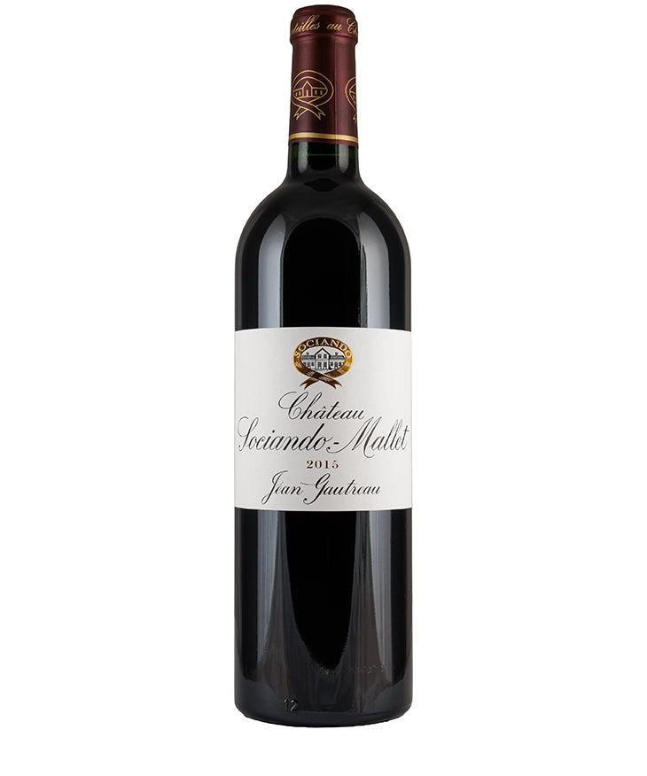 Chateau Sociando-Mallet 2015 bottle with classic label showcasing fine Bordeaux red wine from France