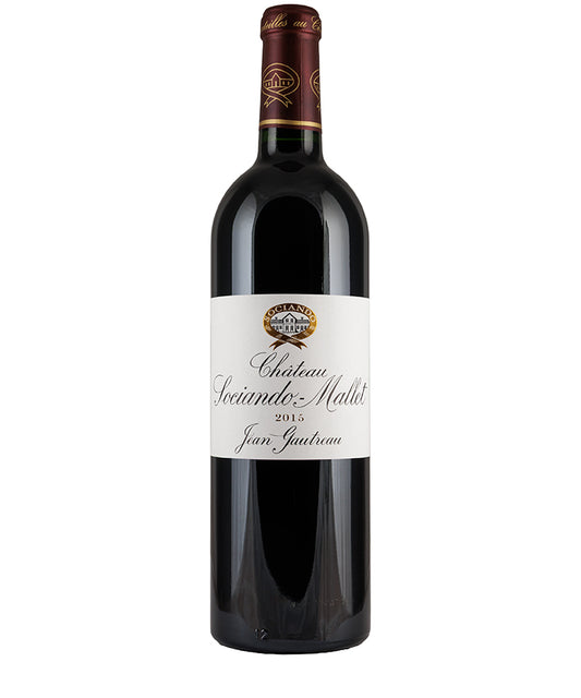 Chateau Sociando-Mallet 2015 bottle with classic label showcasing fine Bordeaux red wine from France