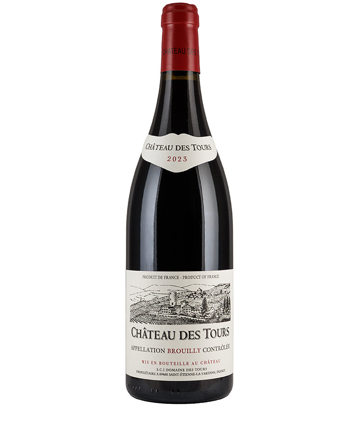 Chateau Des Tours Brouilly 2023 bottle of fine red wine with elegant vineyard label from Beaujolais France