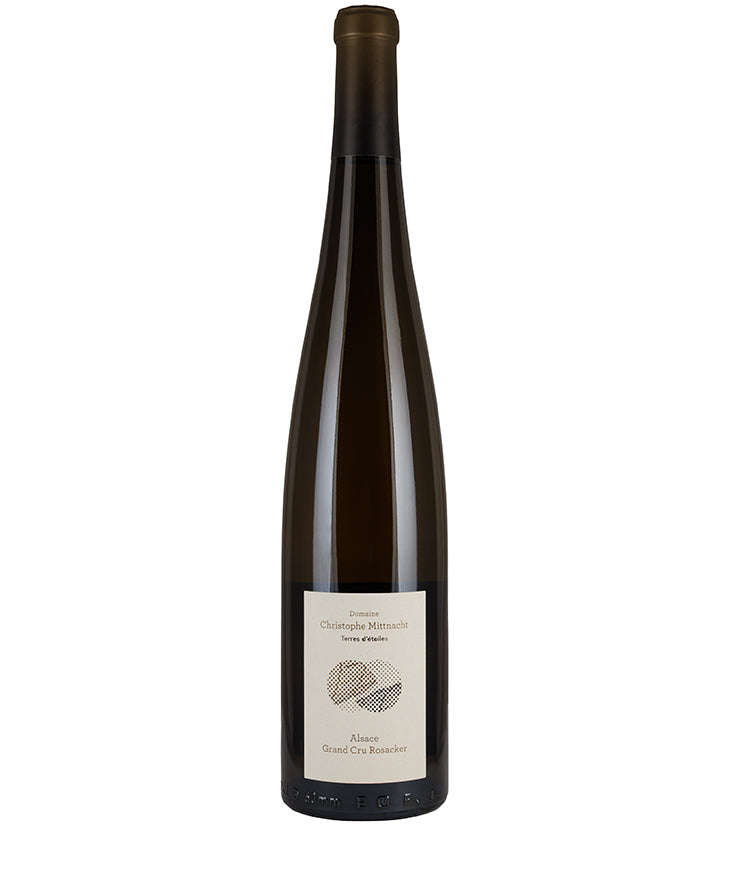 Christophe Mittnacht Riesling Grand Cru Rosacker 2022 bottle of fine Alsace white wine with minimalist label design